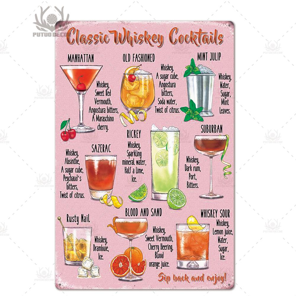 Putuo Decor Tin Signs Plaque Metal Vintage Cocktail Metal Sign Wall Decor for Man Cave Bar Club Iron Painting Decorative Plate
