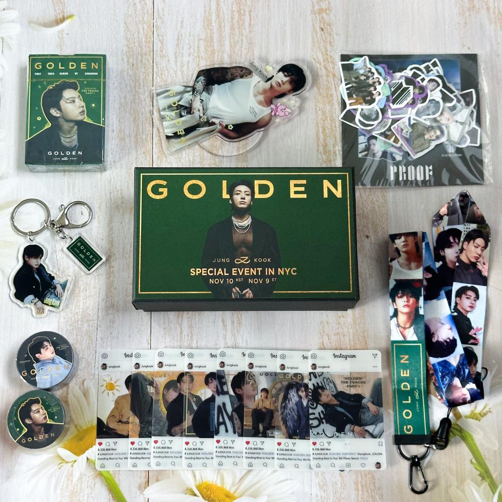 BTS Conjunto de Caixa de Presente "GOLDEN" de Jung Kook, Coleção de Mercadorias de Idol Kpop, Cartões Lomo, Suporte de Acrílico, Chaveiro, Adesivos, Cordão, Presente Perfeito para Army