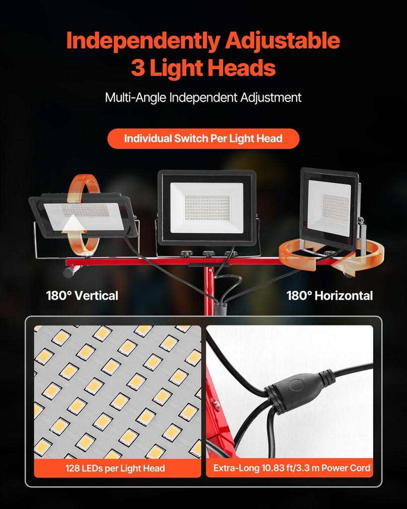 LED Work Light with Stand, 21000 Lumens, Three-Head Portable Camping Light with Individual Switch, Tripod Stand, 3.3 M Power Cord, for Indoor Outdoor