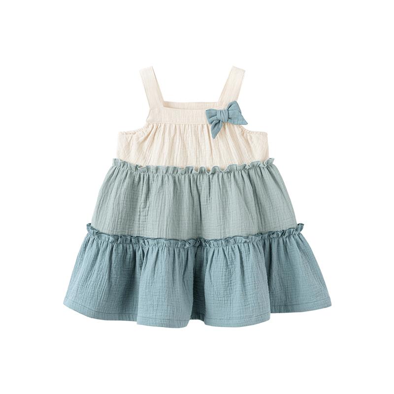Babylove Girls' Summer Pure Cotton Gauze French Tiered Spaghetti Strap Dress