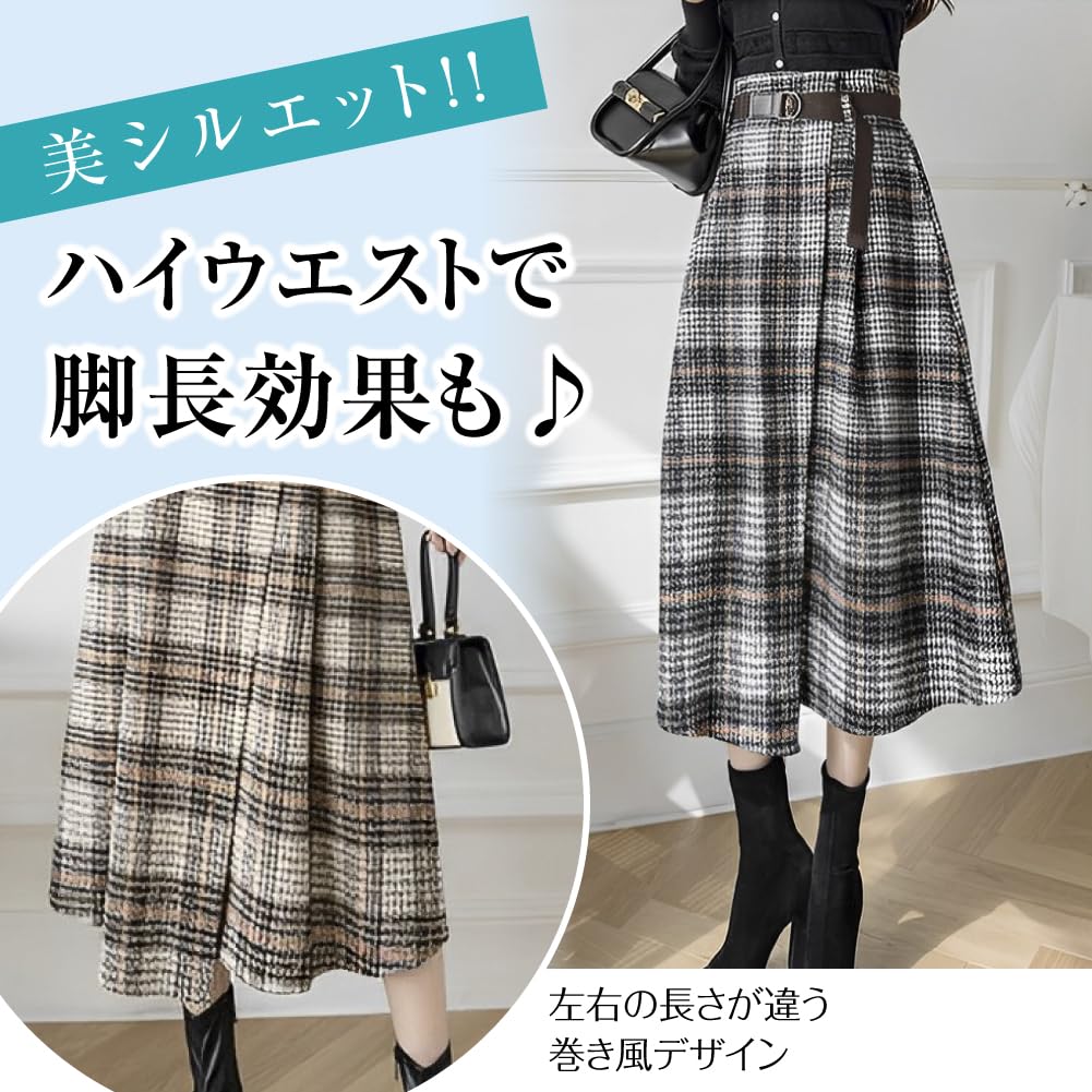 Asymmetrischer karierter Rock für Herbst und Winter [RREMN] Damen Midi-Länge Gemustert, Mit Gürtel, Dick, (Größe M, Grau)