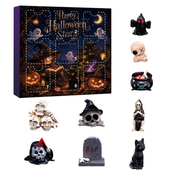 Creative Holiday Scene Decor Halloween Advent Calendar with 9 Mini Resin Figures, Day Spooky Countdown Gift Box To Calendar, Surprise Collectible
