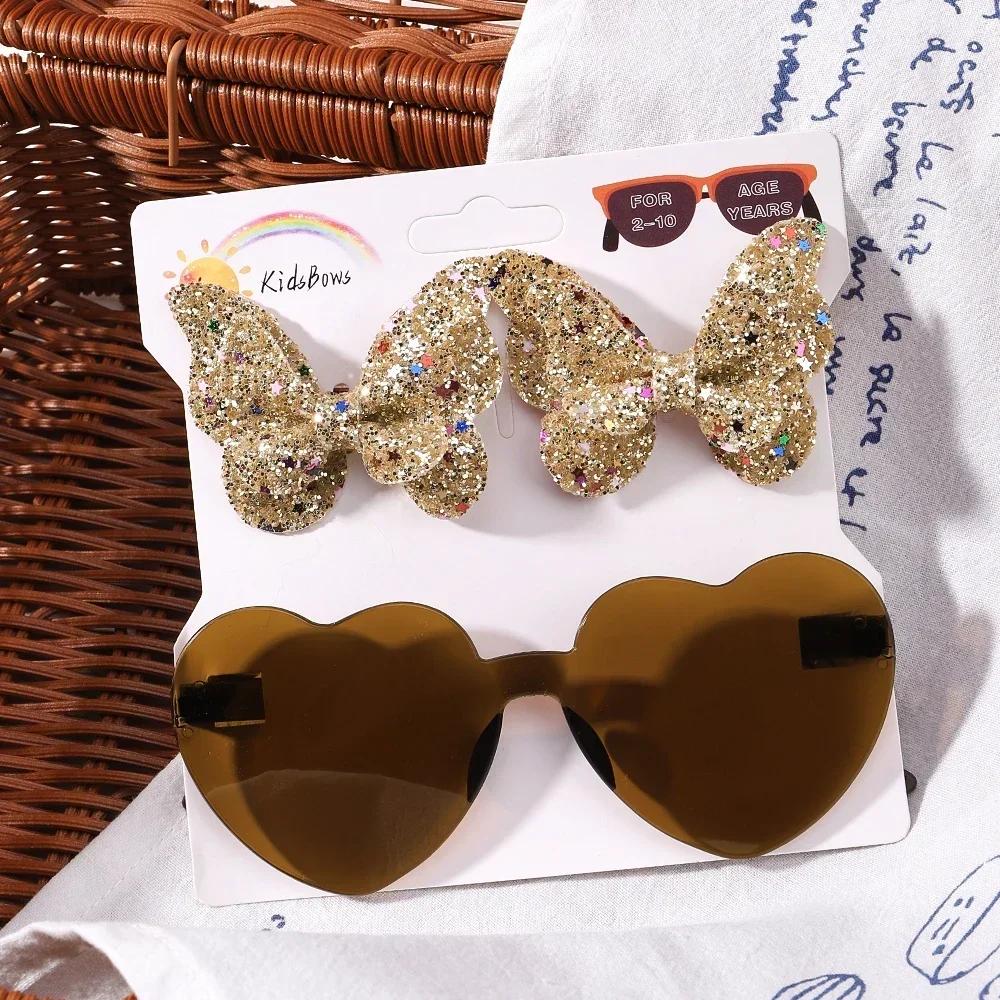 Lovely Sparkling Butterfly Hair Clip Hair Accessories Glasses Set Fashion Wave Point Kids Hairgripes Love Glasses Girls Headwear