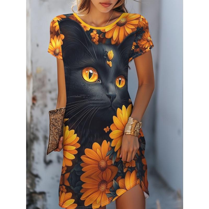 Summer Short Sleeved Dress Loose Casual Plus Size Dress Flower Print Dress Mini Skirt