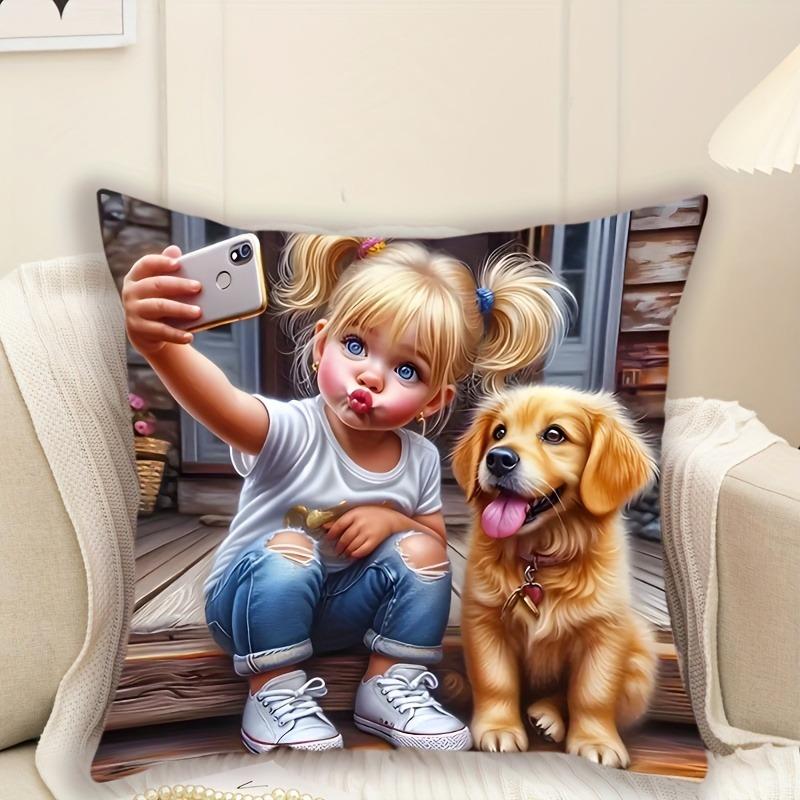 Charming Girl And Dog Printed Pillowcase Decoration Pillow Home Decoration Daily Home Decoration