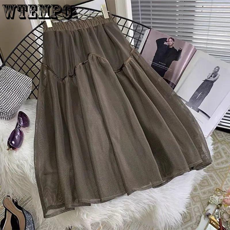 Damen Sommer Eleganter Curry Mesh Halbkörperrock Einfacher Lässiger Spleißen Elastischer Hoher Taillen A-Linie Plissee Rock Mit Großem Saum