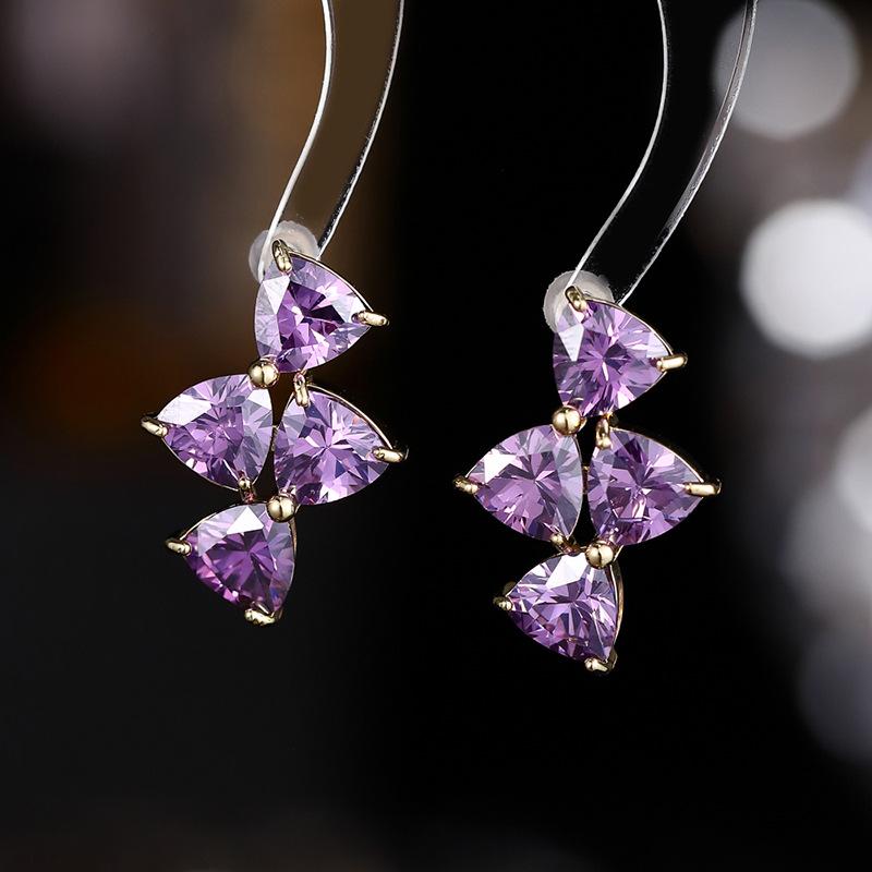 

Stylish Double Bow Triangle Zircon Copper Earrings with Crystal Silver Studs