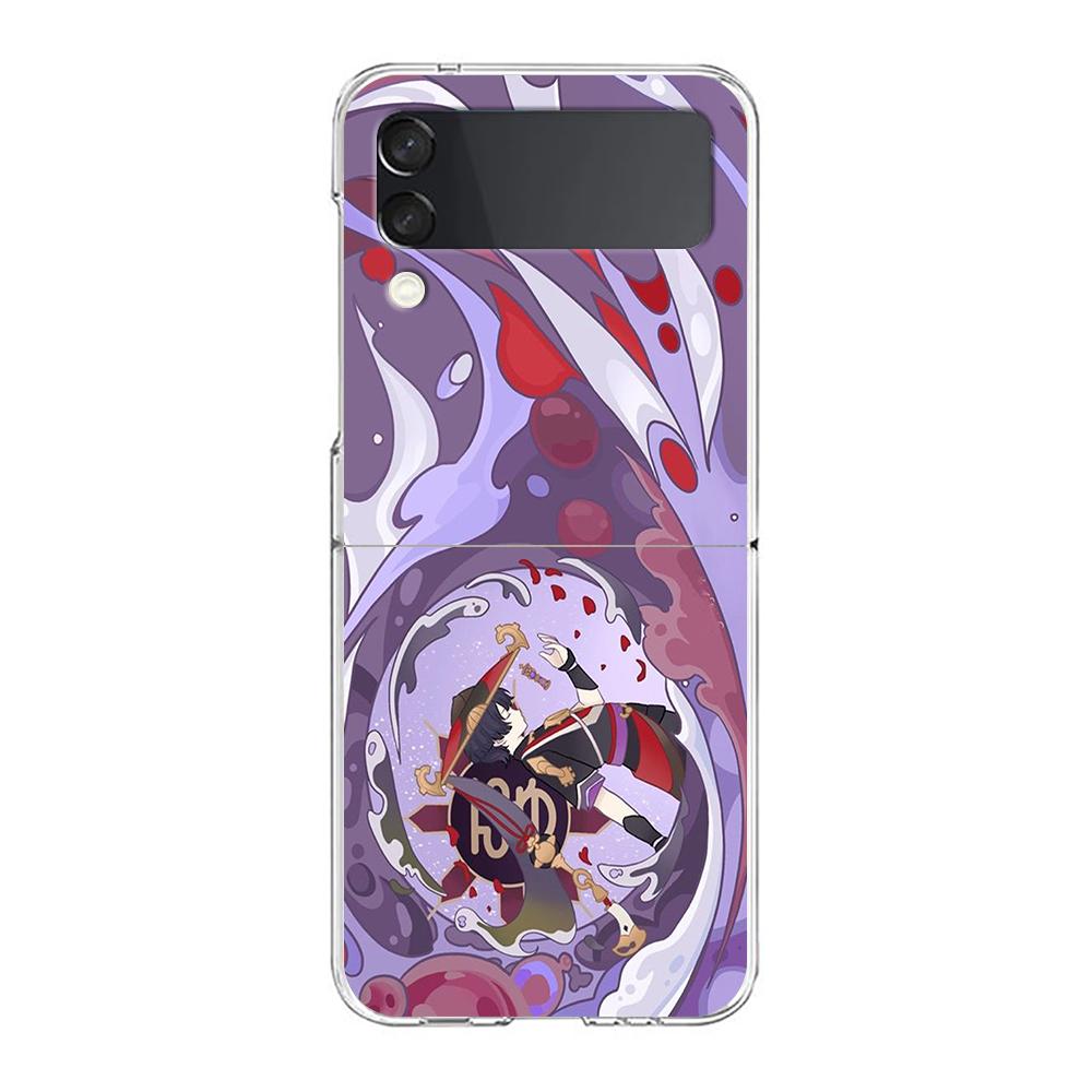 Genshin Impact Cartoon Logo For Samsung Galaxy Z Flip 3 4 5 Hard Folding Clear PC Phone Case For Samsung Z Flip3 Cover Bumper