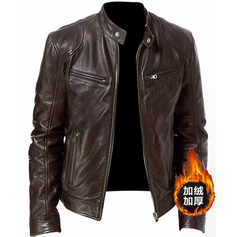 Winter Business Gentleman Warm Zip Cardigan Pocket Decorative PU Leather Jacket Stand-Up Collar Slim Leather Jacket P