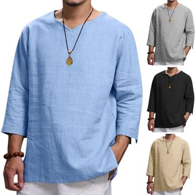 Chemise à manches longues pour hommes, col en v, mélange de lin doux et confortable, décontracté, manches longues, haut à usage quotidien, printemps