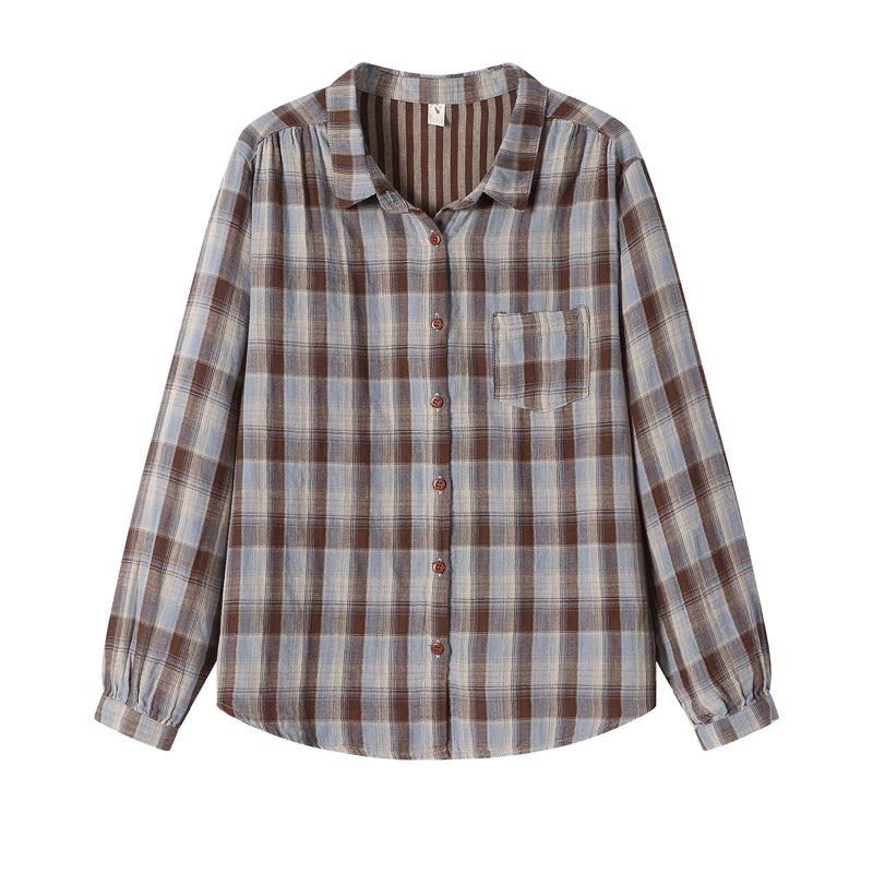 Women's Plaid Loose-Fit Cotton Long Sleeve Lapel Shirt - Spring & Autumn 2025
