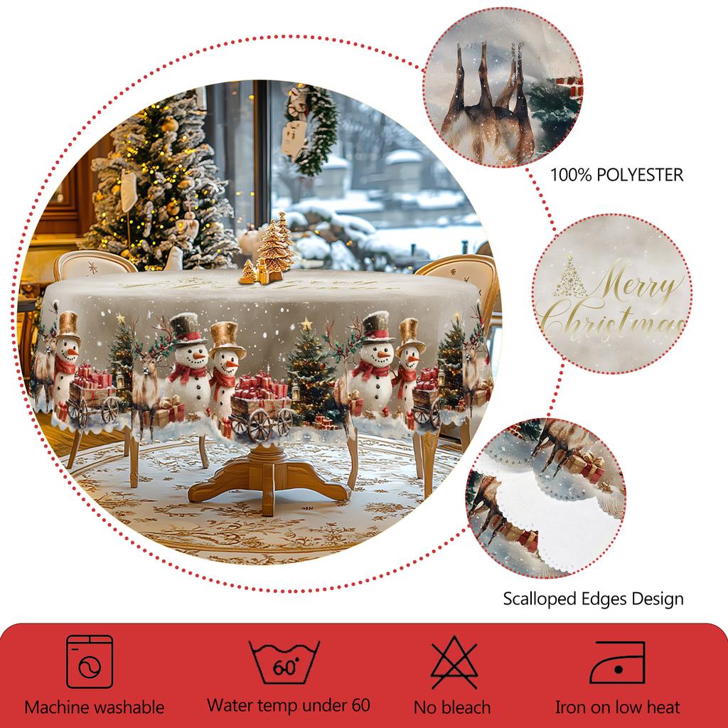 Christmas Vintage Farmhouse Tablecloth with Santa, Reindeer & Xmas Tree Prints. Rectangular & Round Sizes for Xmas/New Year Parties, Kitchen, Indoor &