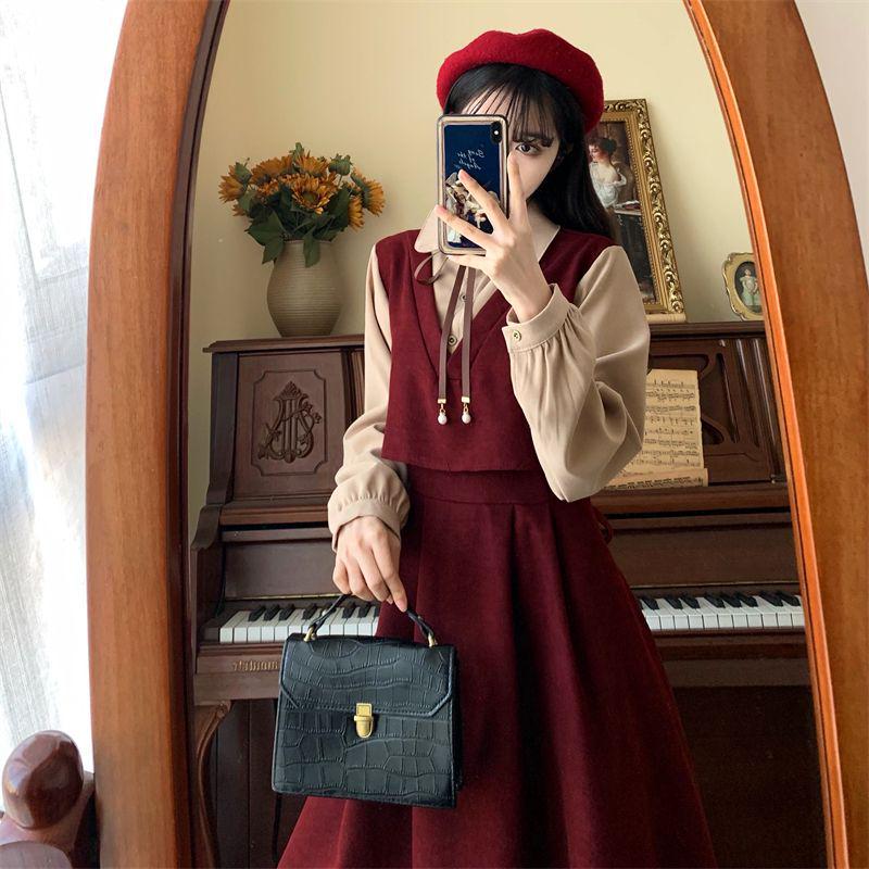 Women's Plus Size French Retro Red Corduroy Spliced Two-Piece Dress, Autumn/Winter Style