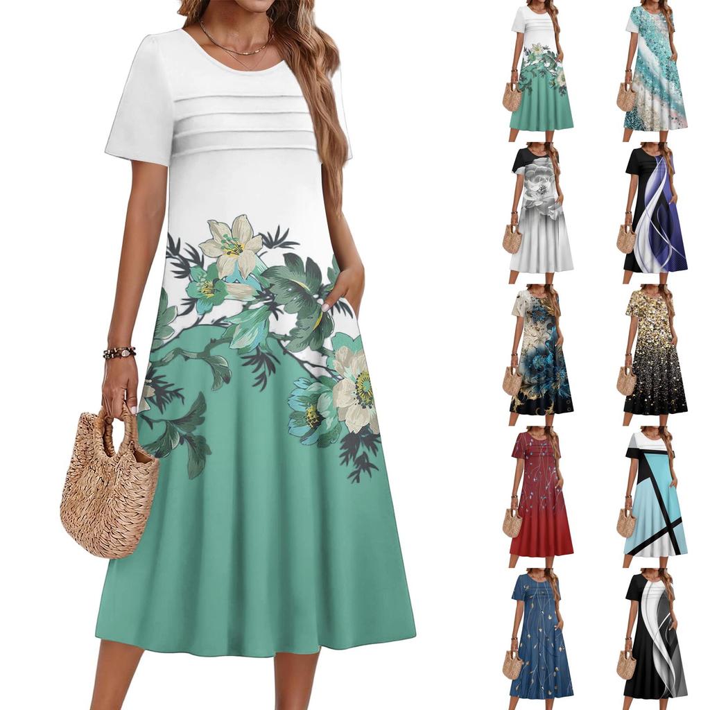 Vestito Corto Casual e alla Moda da Donna con Stampa Floreale e Maniche Corte Girocollo