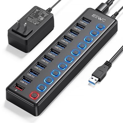 JESWO USB Hub with Power USB Hub with 10 Expansion Ports 1 Charging 5Gbps Data USB Expansion with Independent 12V 3A AC Compatible with Surface and