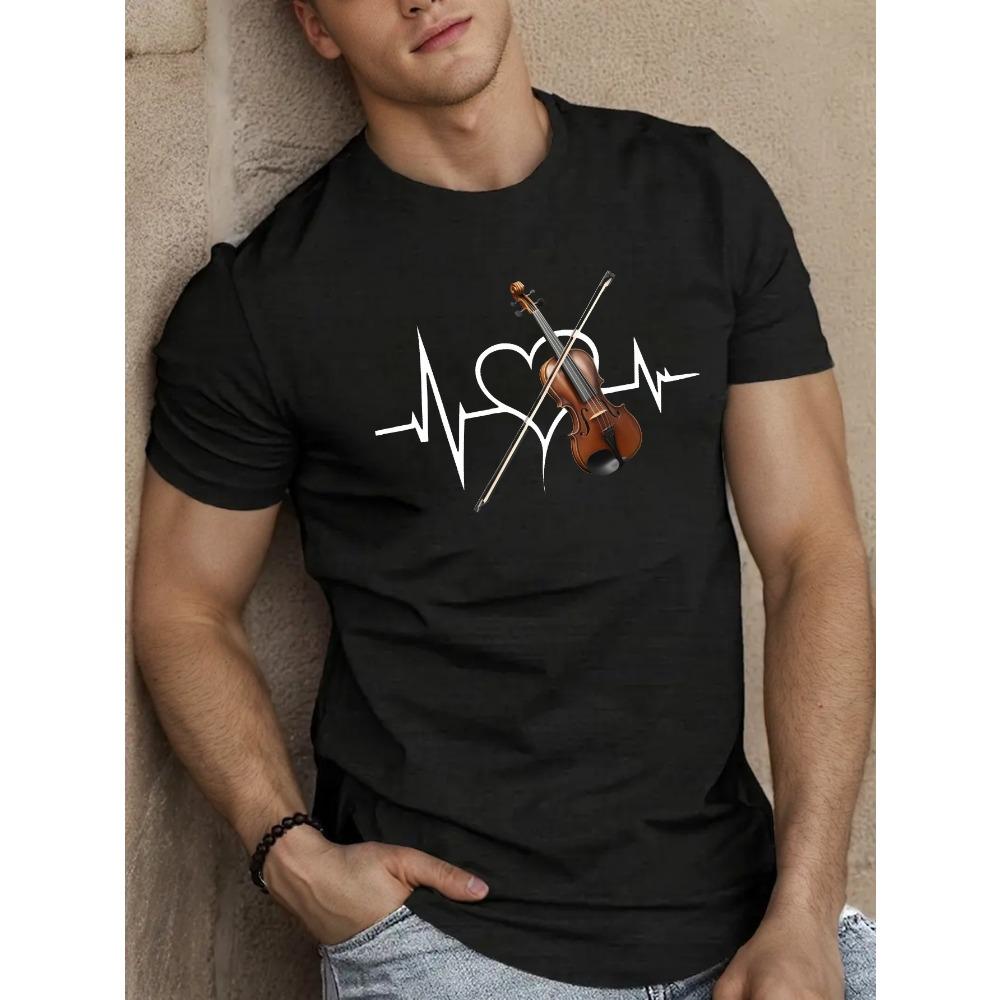 

European sizes Men s Summer Casual T-Shirt with Unique Violin Heartbeat Design - Soft Polyester, Crew Neck, Machine Washable 4XL чорний