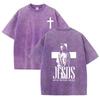 Retro Acid Wash Oversized T-Shirt Front Small Cross Back Jesus Figure Inspirational Text Casual Tops Asian Size