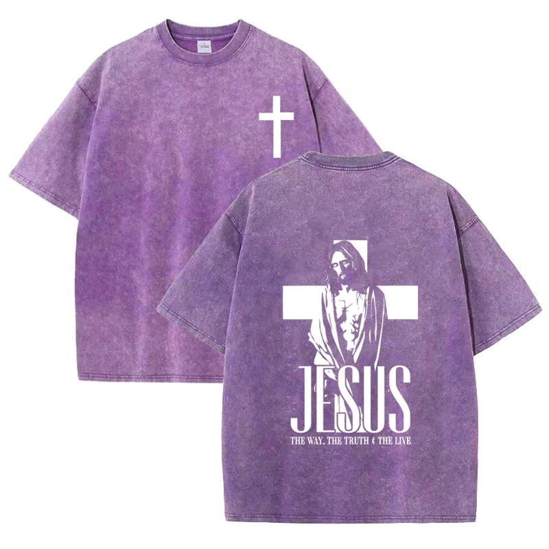 Retro Acid Wash Oversized T-Shirt Front Small Cross Back Jesus Figure Inspirational Text Casual Tops Asian Size