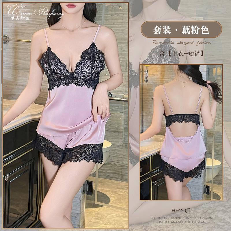 Sexy female ice silk pure desire wind summer suspender shorts with chest pad backless deep V suit set