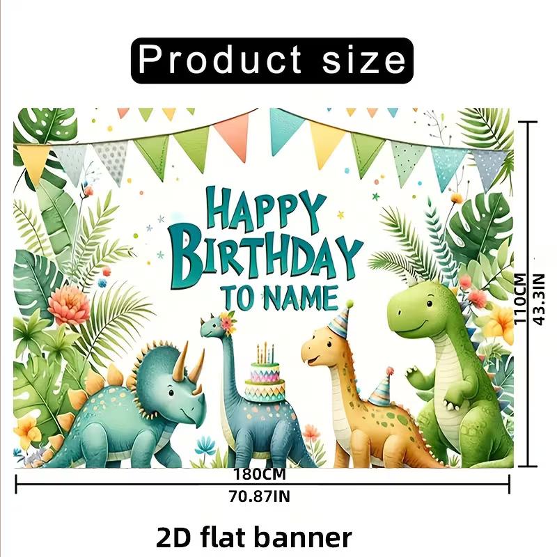 Watercolor Dinosaur Birthday Banner, 2D Flat Customizable Name Party Background with Tropical Leaves & Cute Dino