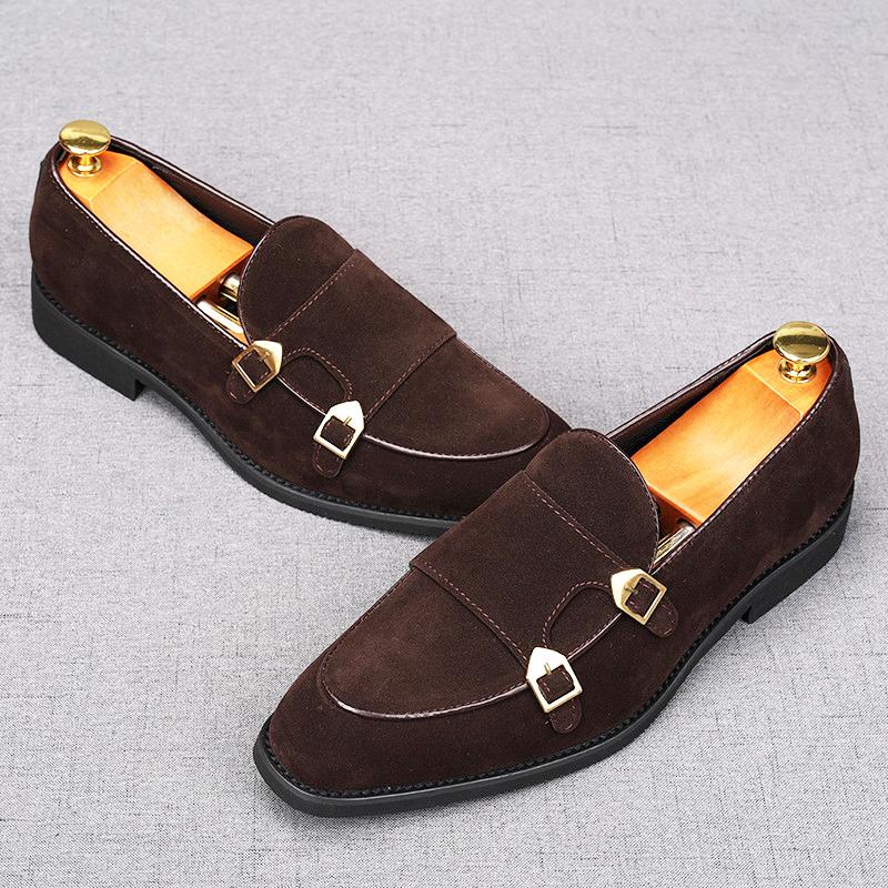 Fashion Fashion New Men's Pointed Toe Suede Leather Flats Shoes Male Designer Monk Strap Loafter Homecoming Wedding Dress Footwear