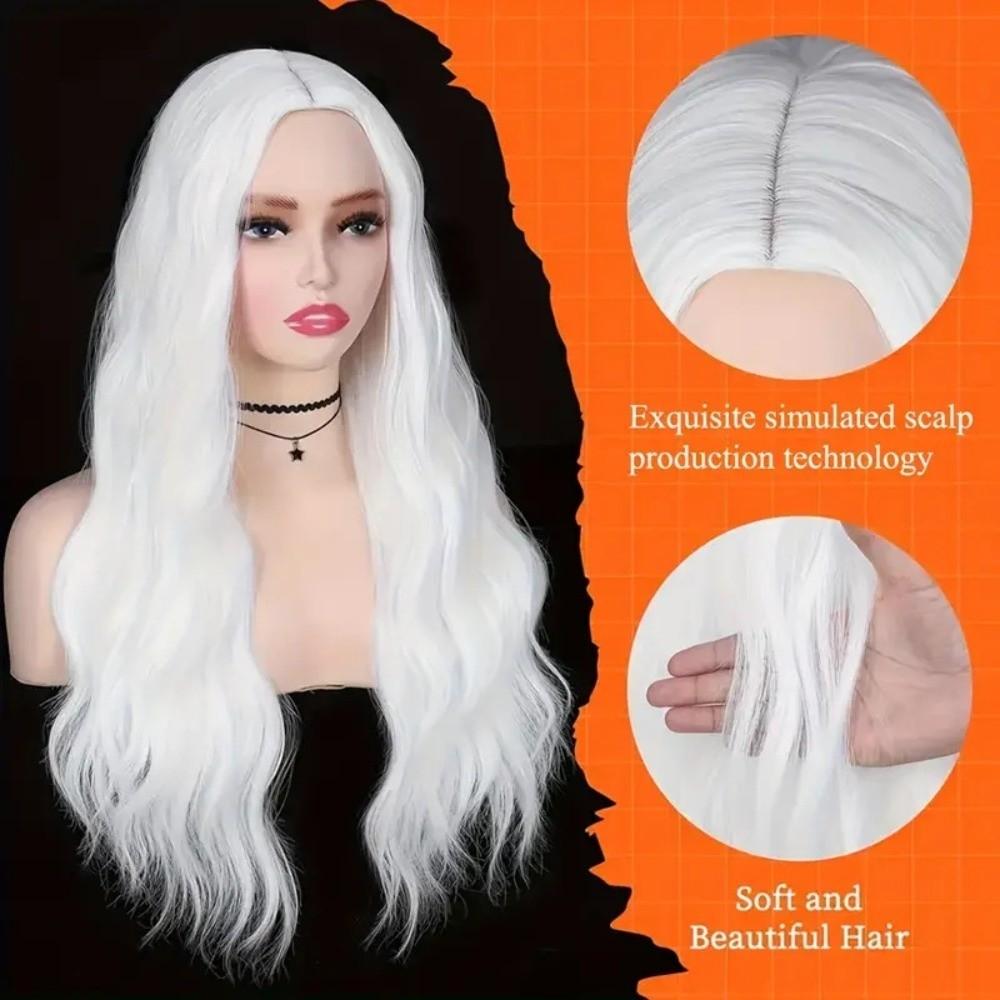 Elegant Long Wavy Curly Wig Middle Part Cosplay Lolita Wigs White Orange Synthetic Wigs Halloween