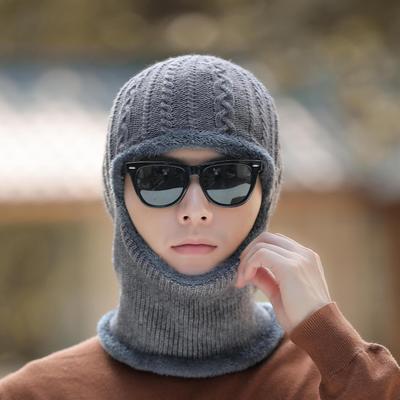 Autumn and Winter Plus Velvet Hood Men's Knitted Hat Scarf One Piece Ear Protection Beanie Hat