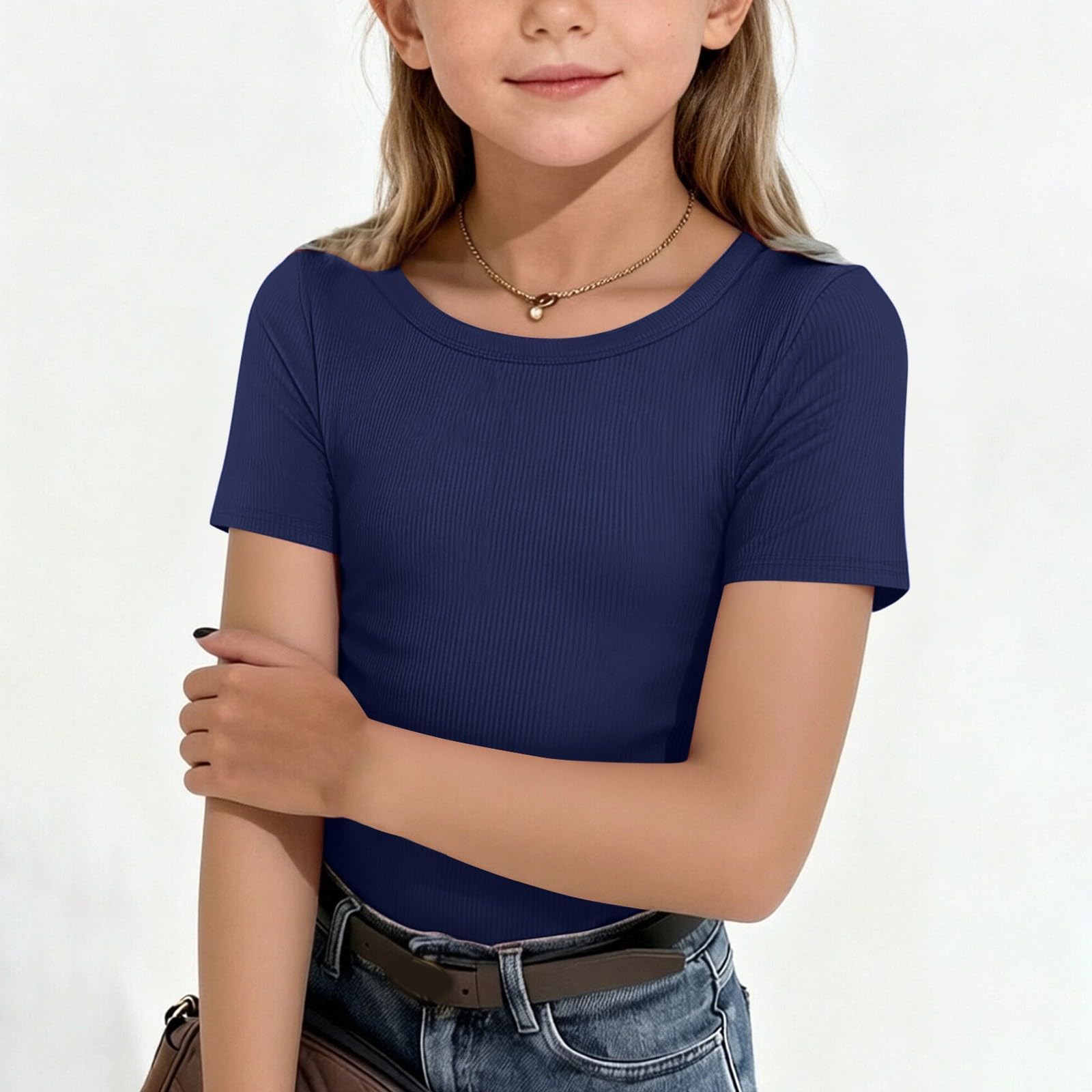 

Girls Short Sleeve Ribbed Knit T Shirt Crew Neck Soft Stretchy Basic Top for Kids Casual Everyday Wear 120