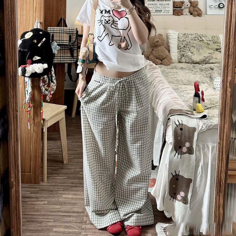 Summer Retro American Relaxed Fit Drawstring Low-Rise Wide-Leg Plaid Casual Pants - Textured Grid Trendy Trousers