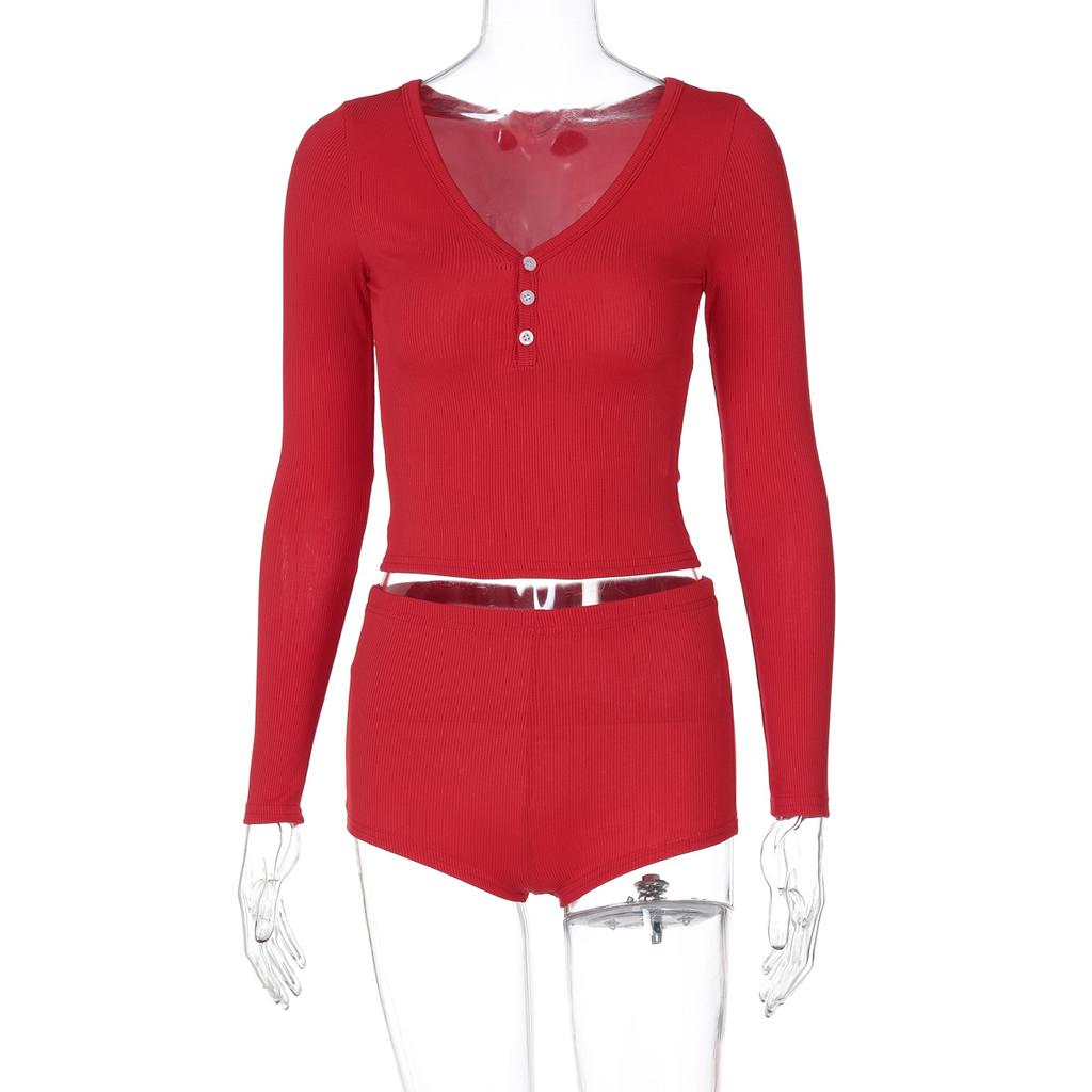 Europe and The United States Wind, Women's Clothing, Sexy Low-cut, V-neck, Tight, Long-sleeved Tops, Fashion Sports Wind, Super Short Pants, Two-piece