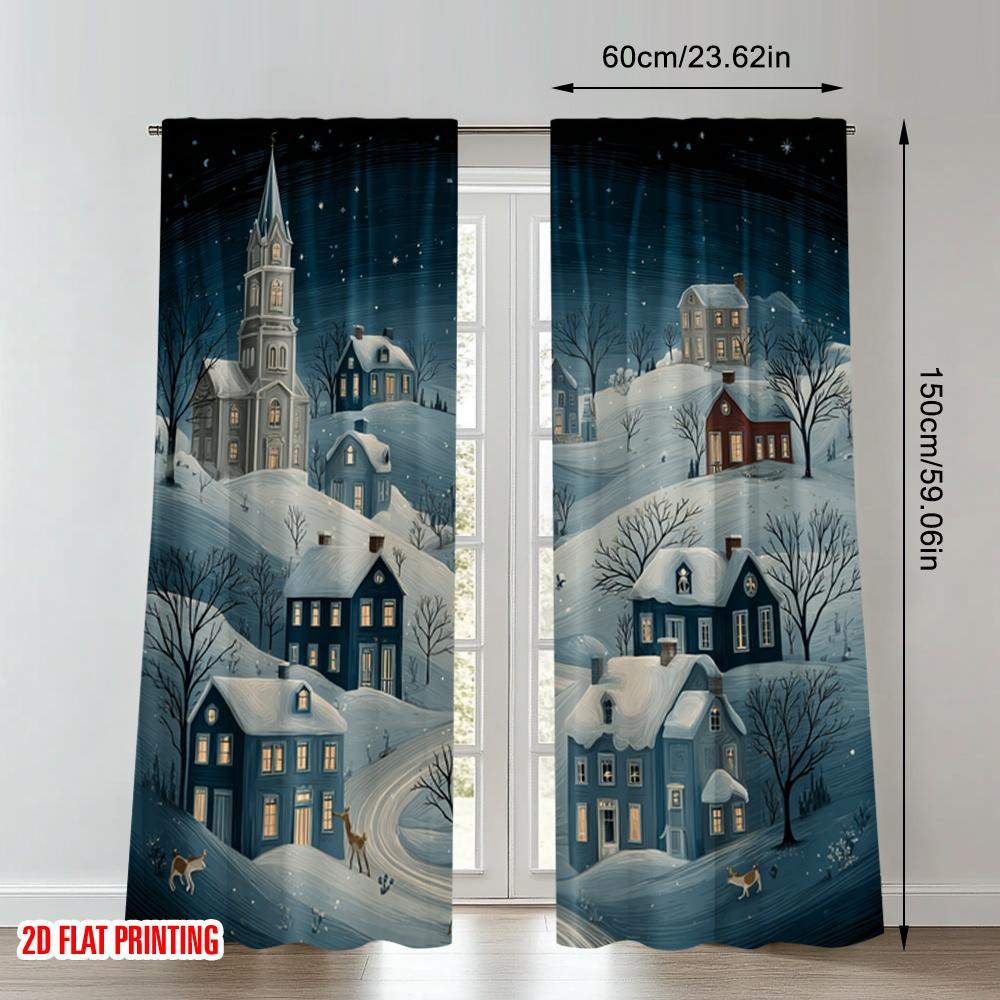 2pcs 2D Flat Printing Christmas Classic Hot Curtains Cozy Winter Village Snowscape Digital Printed Polyester Drapes Family Party