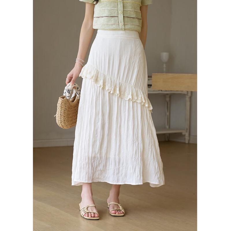 Women s High Waist A-line Lace Ruffle Midi Skirt M
