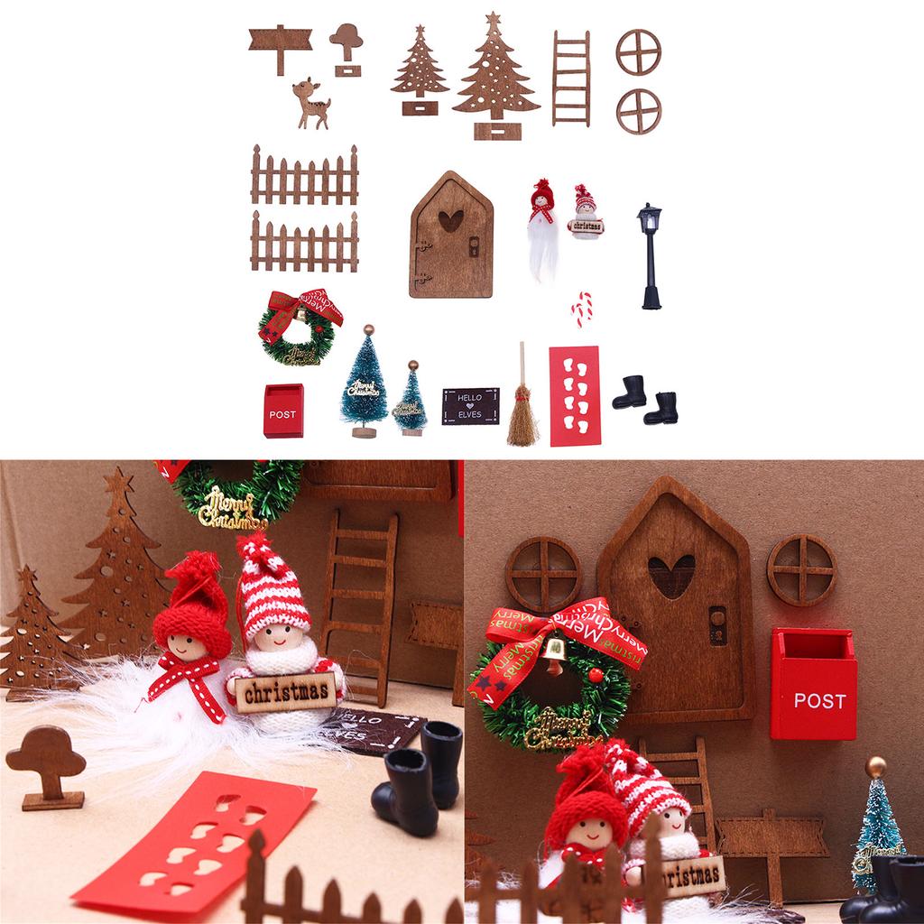 1 Set 1:12 Dollhouse Miniature Christmas Decor Fairy Door Elf Fence Tree Model DollHouse Accessories Kids Role Play Toy