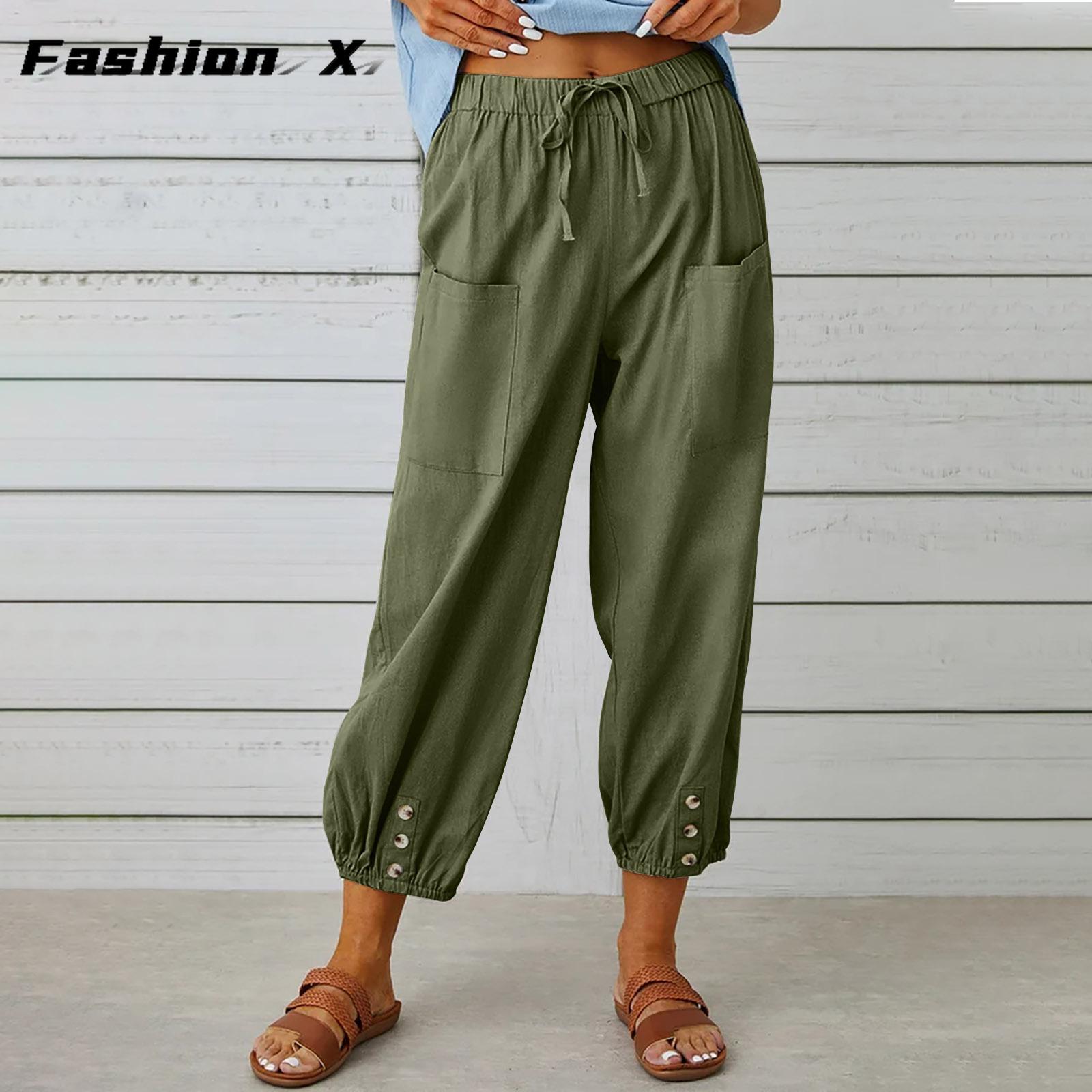 

Женские брюки Свободные брюки из хлопка и льна с высокой талией Женские брюки-девятиминутки с широкими штанинами 5XL армия зеленый