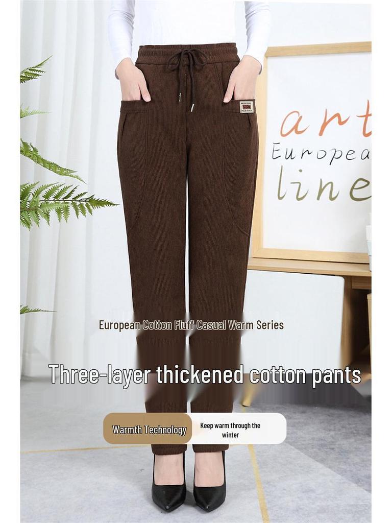 Mom's Winter Style High Waist Corduroy Cotton Pants for Middle-Aged and Elderly Women - Loose, Plus Velvet, Straight Leg