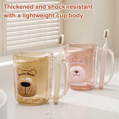 Mouthwash Cup Non-Slip Handle Smooth Round Mouth Transparent Body Rabbit Bear Design Bathroom Cup with Toothbrush Slot