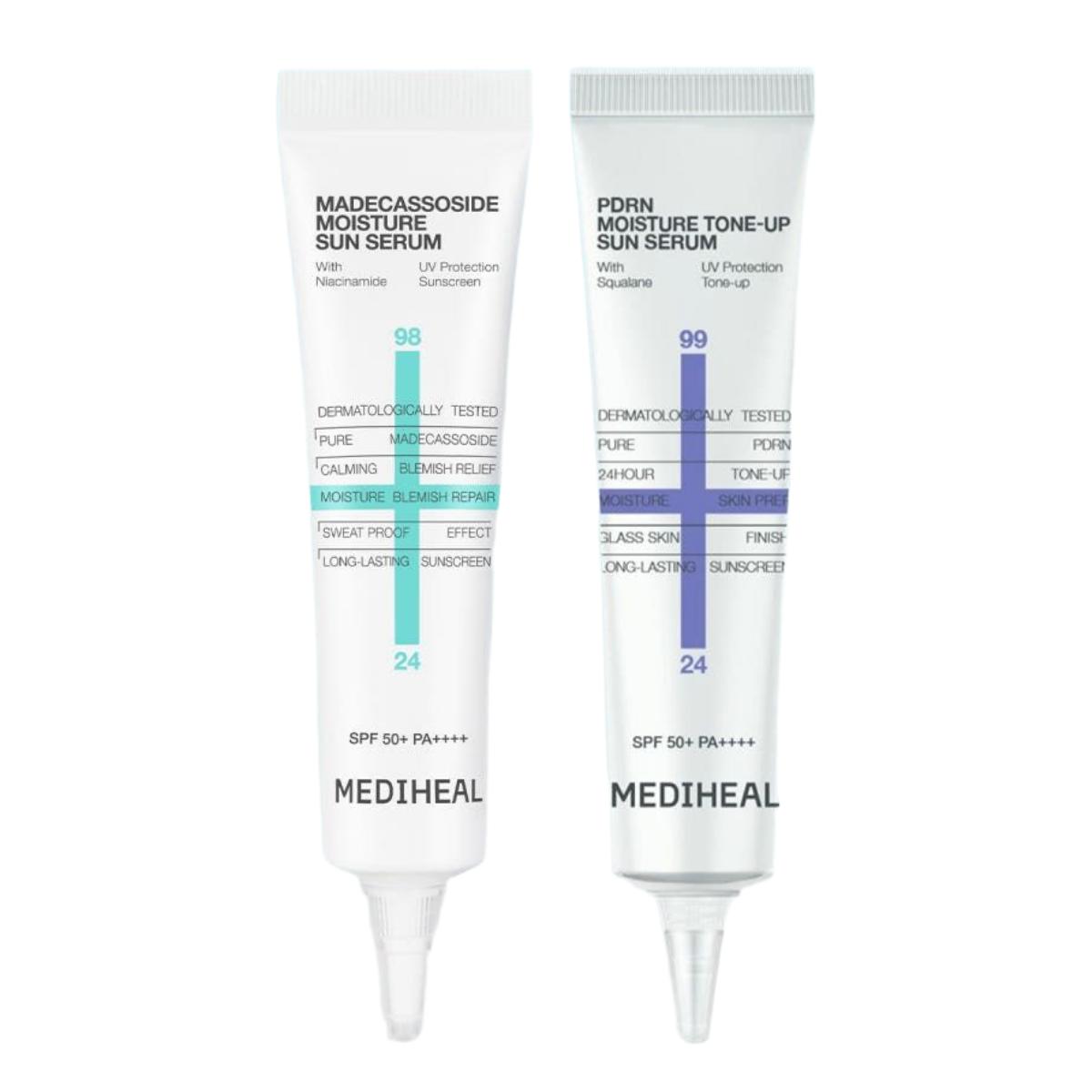 Mediheal Moisture Sun Serum Miniature 15ml Duo Set (Madecassoside & PDRN) Broad-Spectrum SPF50+ PA++++ Daily UV Shield Set