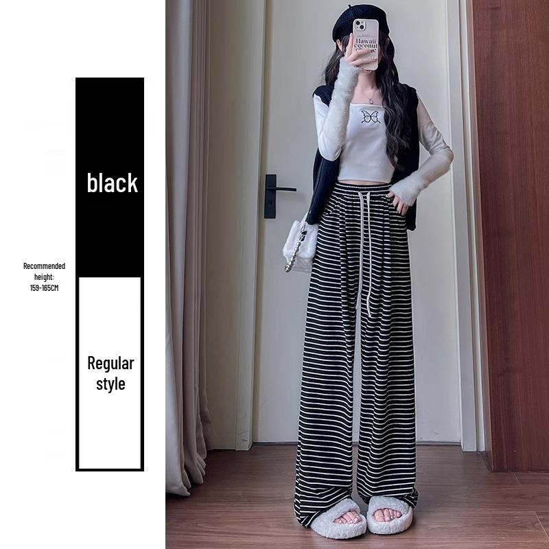 Women's High-Waisted Striped Drawstring Pants, Petite Size, Soft Wide-Leg, Perfect for Spring and Autumn