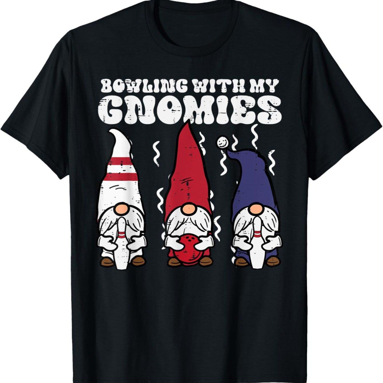 Bowling With My Gnomies Funny Gnome Graphic Tee Shirt Casual Cotton Crewneck T-Shirt for Bowling Parties S