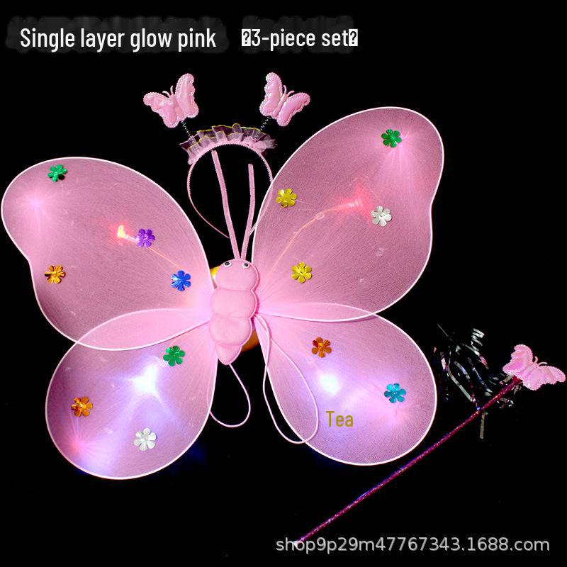 Children's Glow Angel Costume: Girl's Gauze Skirt with Flashing Wings and 20-Light Butterfly Design, 3-Piece Set.