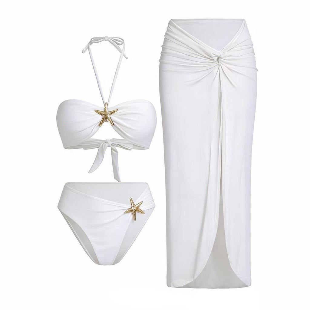 2026 European & American Three-Piece Sexy Halter Bikini with Two-tone Swimsuit & Beach Skirt