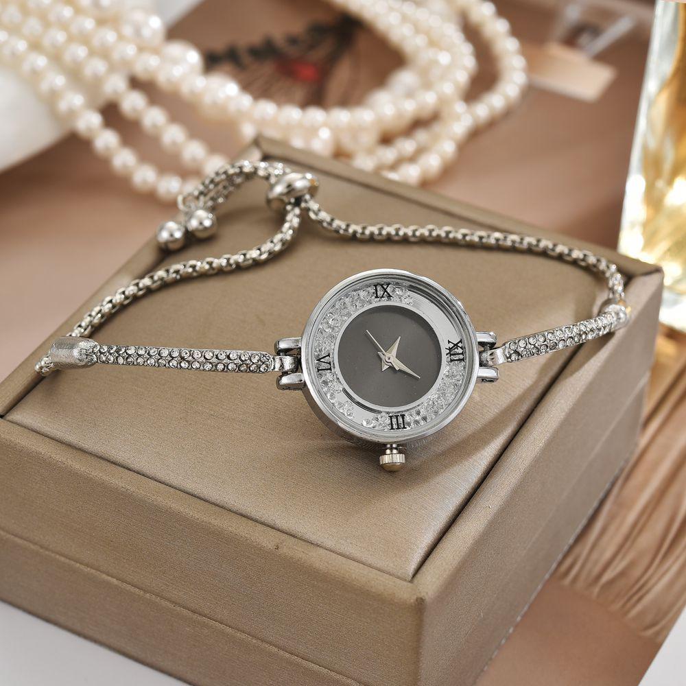 Elegant Petite Quicksand Water Diamond Bracelet Watch with Bangle, Perfect for College Students