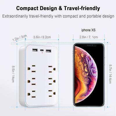 Chargeur Mural USB, Parafoudre, Extenseur 6 Prises avec 3 Ports USB(1 USB-C)