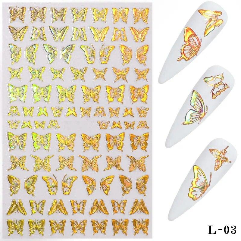 3D Holographic Butterfly Nail Art Stickers Adhesive Gold Silver Laser Foil Nail Decals For Women Girls DIY Manicure Decoration