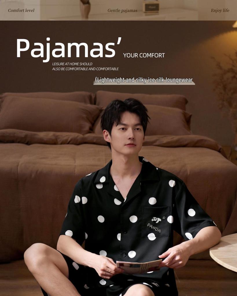Men's Black Ice Silk Summer Pajama Set - Short-Sleeved Top with Shorts, Indoor/Outdoor Use, Luxurious Feel