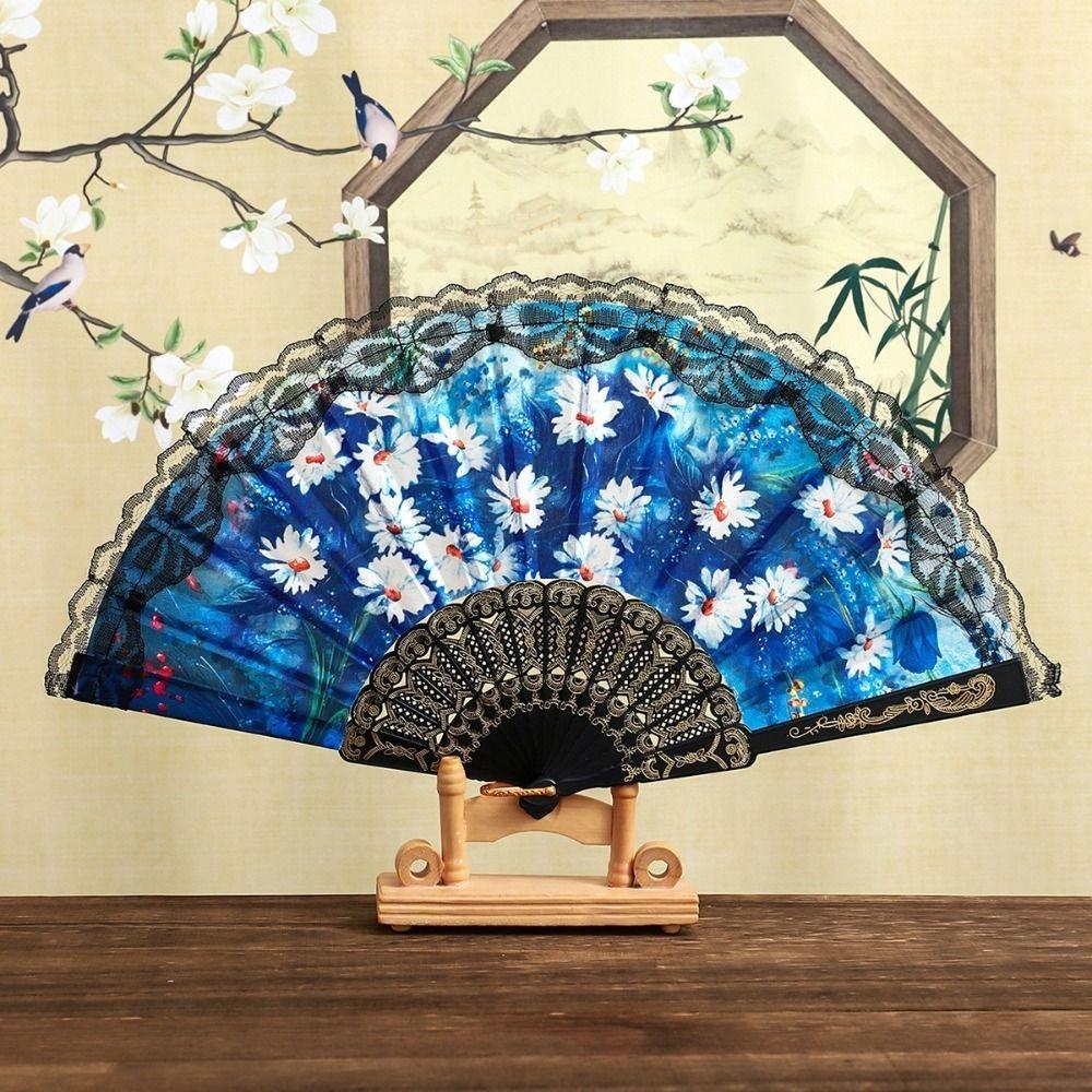 Plastic Ribs Spanish Folding Fan Lace Trim Edge Handheld Fan Elegant Dance Prop Fan Gift
