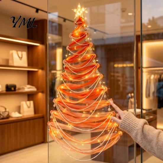 DIY Holiday Fabric Tree Decor Lighted Christmas Kit, Hanging Ornament Set Space Saving for Window Wall, Handmade Craft with LED Lights Luminous