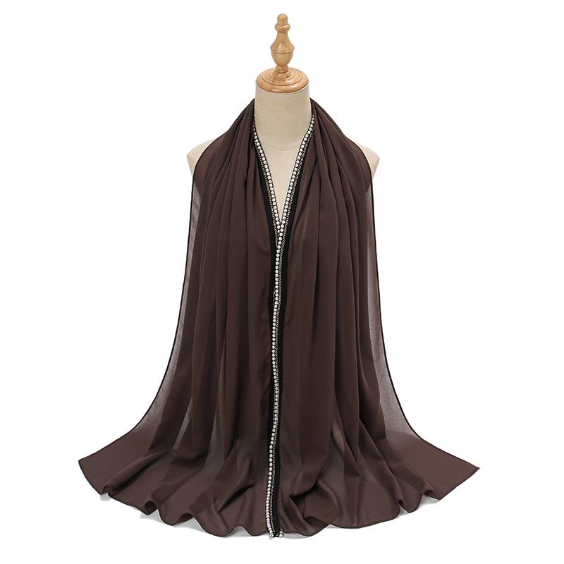 New Ramadan Chiffon Hijab Scarf With Pearls Beads Muslim Hijab With Chain Solid Long Shawls Headscarf Wraps Islamic Headband