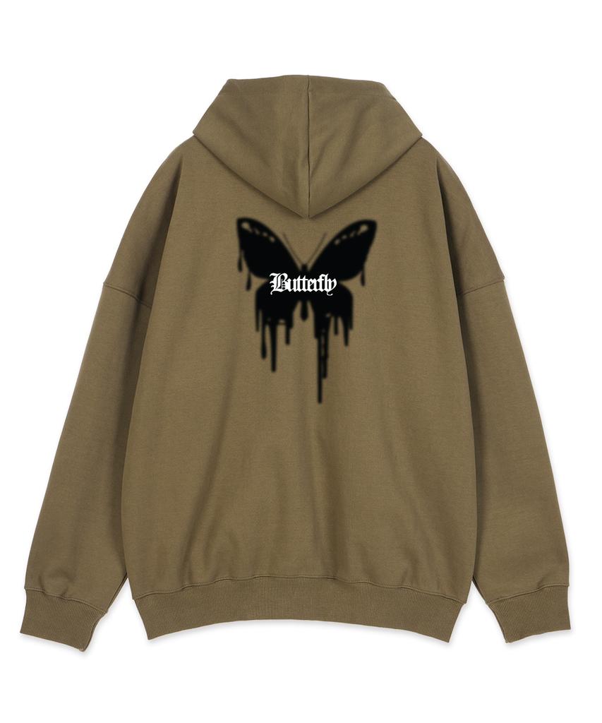 Astral Projection Butterfly Oversized Wide Shoulder Zip-Up Hoodie_Green Brown