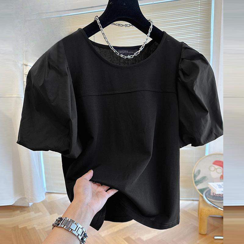 

ZANZEA Женская повседневная блузка с круглым вырезом и короткими рукавами-буфами, в стиле пэчворк M